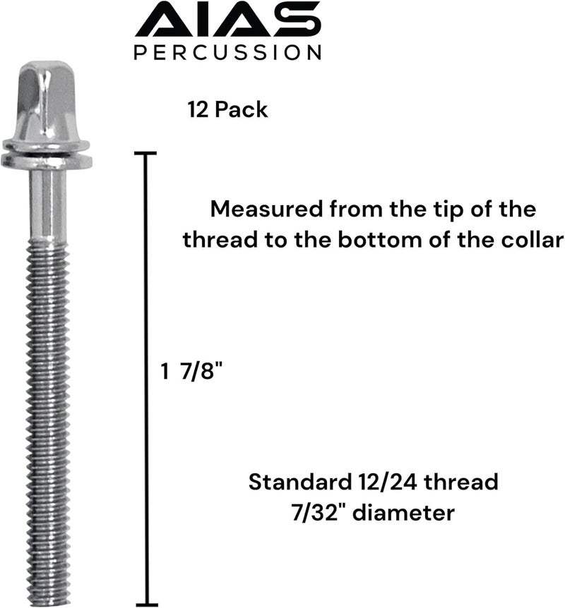 AIAS 1 7/8 Inch Chrome Plated Drum Tension Rods 12 Pack with Washers | Replacement Tuning Screws for Snare and Tom Drums - Image 2